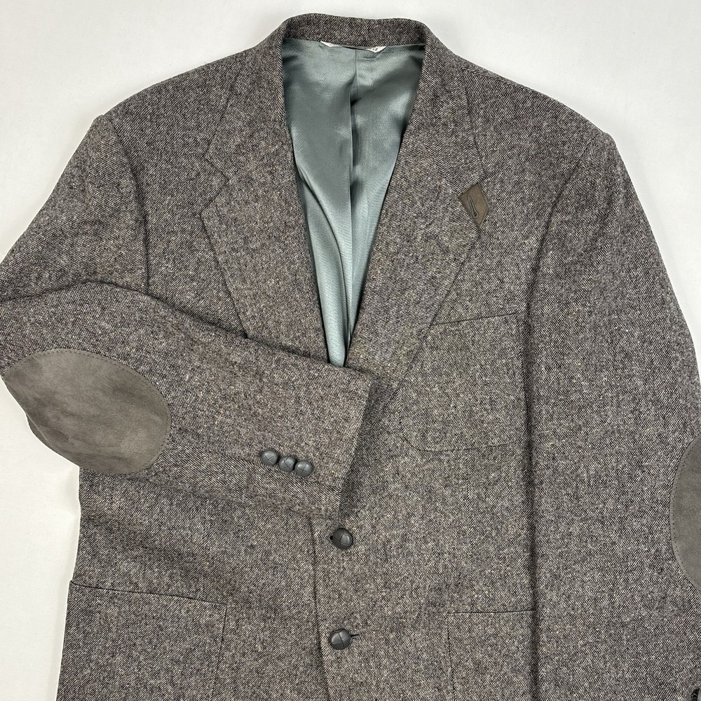 VTG Stafford Donegal Tweed Wool Hunting Jacket Suede Elbow Patch Pockets USA EUC